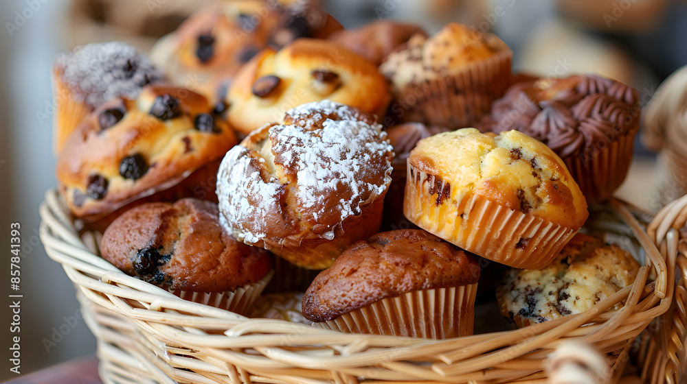 A basket of freshly baked fast food vegan muffins with a variety of flavors A basket of freshly baked fast food vegan muffins with a variety of flavors