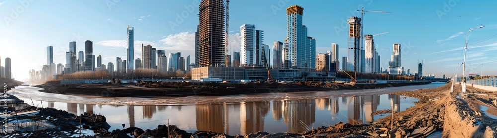 Fototapeta premium panoramic photo of a construction site with a modern building in the center, high-rise buildings around, a blue sky, a sunny day