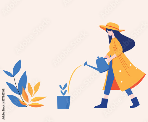 a woman watering a plant in the garden flat vector illustration
