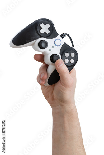 Hand holding a black and white game controller with analog sticks and buttons, isolated on a white background photo