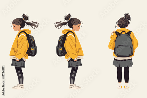 a girl stands in side view and back view vector illustration
