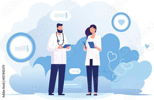 two doctors discussing the medical report flat vector illustration