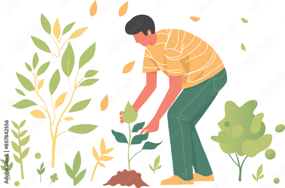 Earth day and Environment Day gardener takes care of growing plants flat vector illustration Earth day and Environment Day gardener takes care of growing plants flat vector illustration