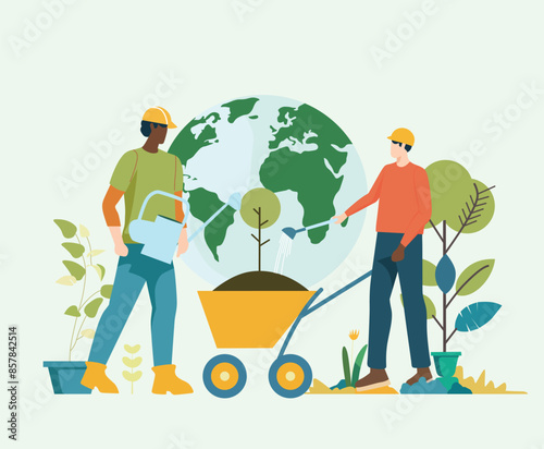 Earth day and Environment Day a garden contractor working in the garden flat vector illustration