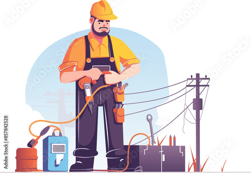 a flat vector illustration of an electrician with an electrical repair tool kit equipment