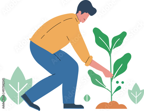 Earth Day and Environment Day man plucking the plant leaves in the garden flat vector illustration