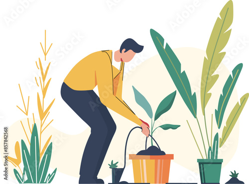 a man installing a drip irrigation system in the plant pot flat vector illustration
