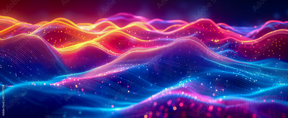 Obraz premium Abstract colorful wavy particle background forming cyber landscape with depth of field