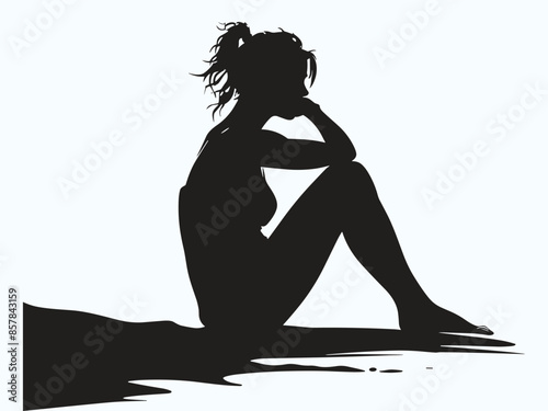 Summer vacation motif featuring a woman sitting by the seaside or beach side with the silhouette of a palm tree in the background.
