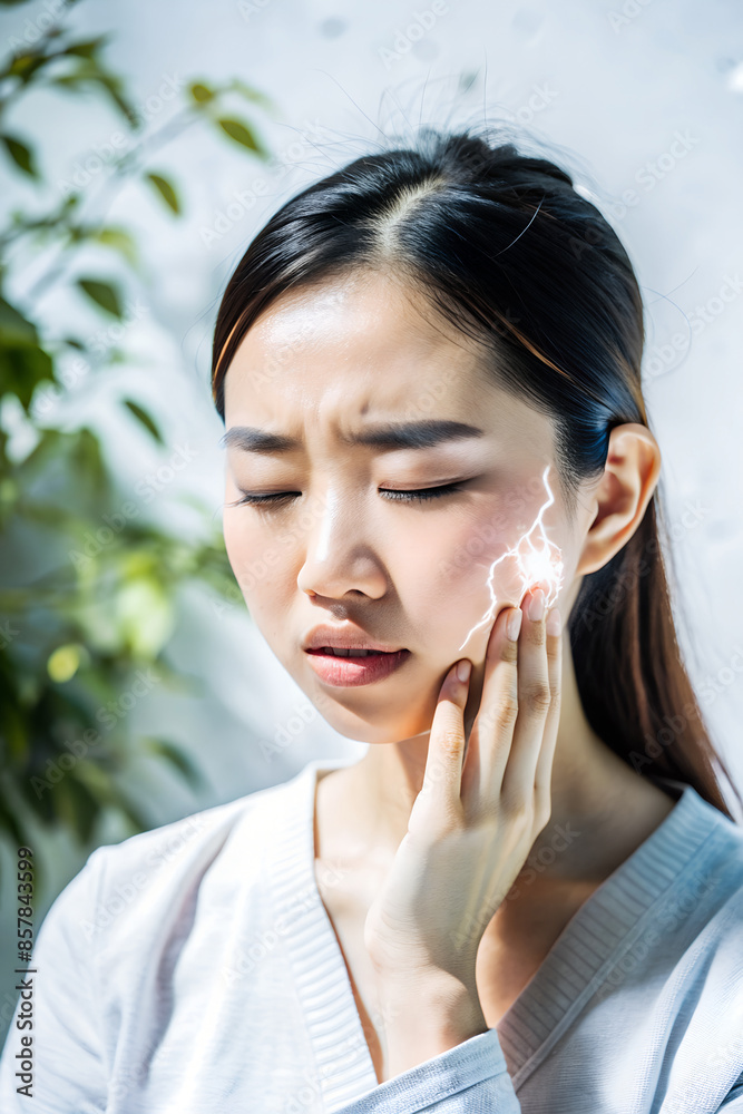 Beautiful Asian woman in the mood for a toothache A small lightning flash appeared on her cheek, like a tingling sensation in her teeth Beautiful Asian woman in the mood for a toothache A small lightning flash appeared on her cheek, like a tingling sensation in her teeth