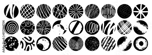 Retro black and white geometric pattern background, vector abstract circle art. Hand drawing lines. Trendy bauhaus icon set
