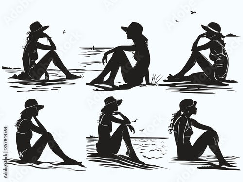 Summer vacation motif featuring a woman sitting by the seaside or beach side with the silhouette of a palm tree in the background.