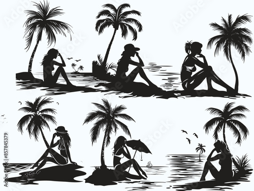 Summer vacation motif featuring a woman sitting by the seaside or beach side with the silhouette of a palm tree in the background.