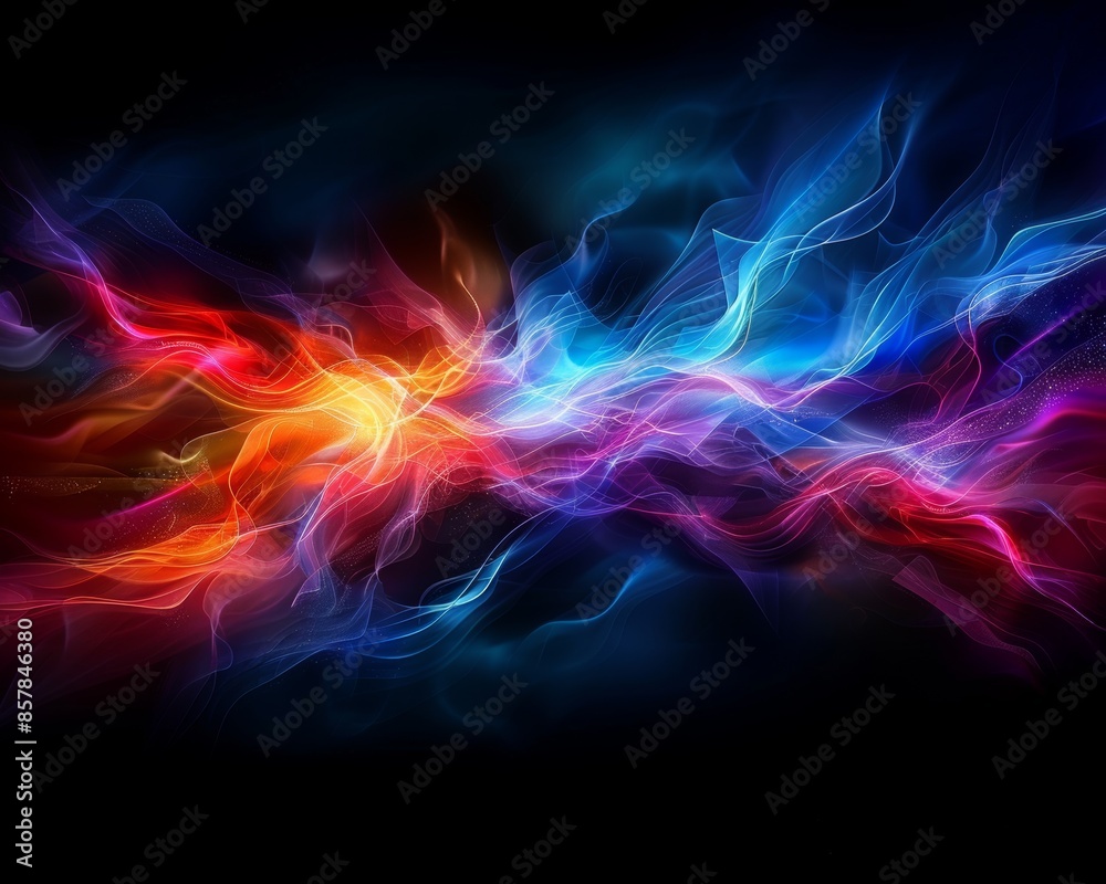 Abstract energy waves in vibrant colors of red, blue, and orange creating a dynamic, electrifying visual effect on a dark background. Abstract energy waves in vibrant colors of red, blue, and orange creating a dynamic, electrifying visual effect on a dark background.