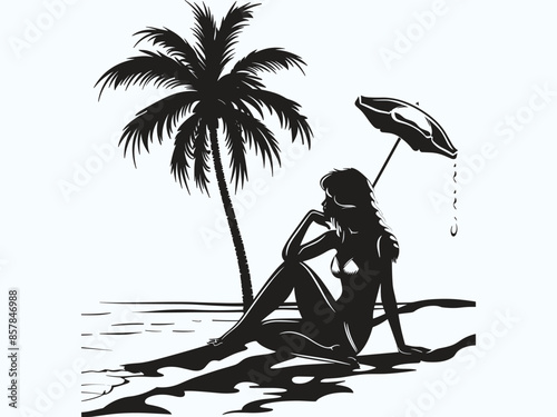 Summer vacation motif featuring a woman sitting by the seaside or beach side with the silhouette of a palm tree in the background.