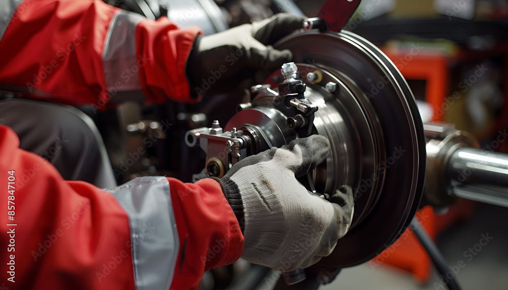 Fototapeta premium motor mechanic replacing the electric steering pump on a modern day vehicle