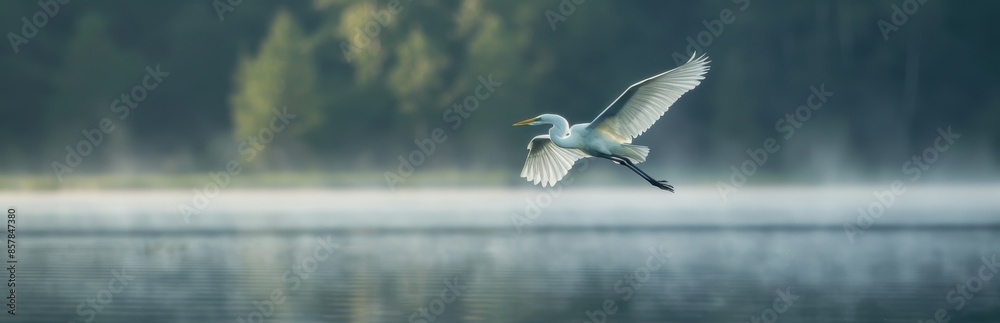 A serene image of a bird gracefully flying over a misty lake with a backdrop of lush forest trees, capturing the tranquility of nature. A serene image of a bird gracefully flying over a misty lake with a backdrop of lush forest trees, capturing the tranquility of nature.