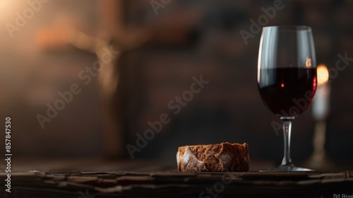 A serene setup featuring a glass of red wine, bread, and a blurred cross in the background. Perfect for religious themes or contemplative concepts.