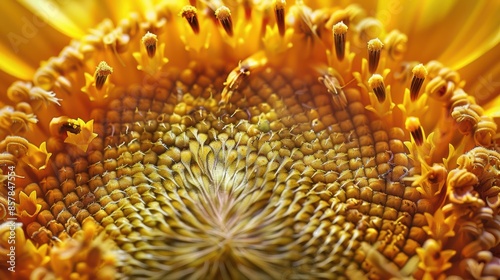 A macro shot of a blooming sunflower, intricate details and golden petals magnified