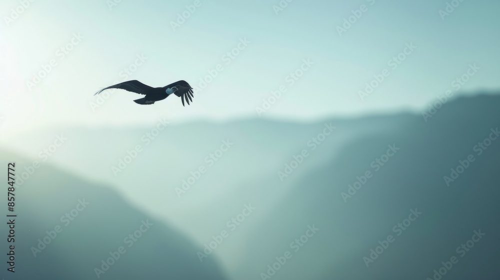 Fototapeta premium A solitary bird soars gracefully over misty mountain ranges, capturing the essence of freedom and nature's serenity in a tranquil scene.