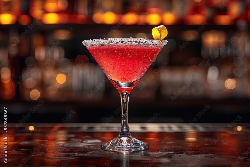 A cosmopolitan cocktail in a stemmed martini glass, with a twist of lemon peel on the rim. A cosmopolitan cocktail in a stemmed martini glass, with a twist of lemon peel on the rim.