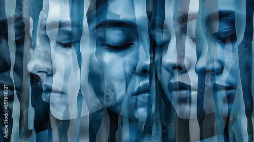 Dark blue collage background with multiple woman faces in anxious and sad mood, copy space	
