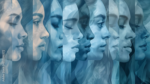 Dark blue collage background with multiple woman faces in anxious and sad mood, copy space	
 photo