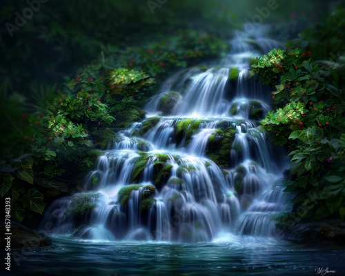 Serene waterfall cascading over moss-covered rocks surrounded by lush green foliage in a tranquil forest setting.