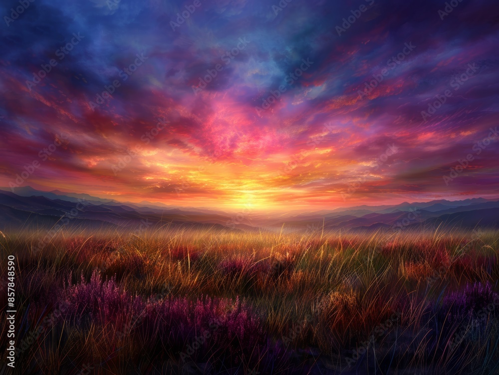 Fototapeta premium Stunning sunset over a vibrant meadow with vivid colors in the sky, creating a breathtaking natural scene full of beauty and tranquility.