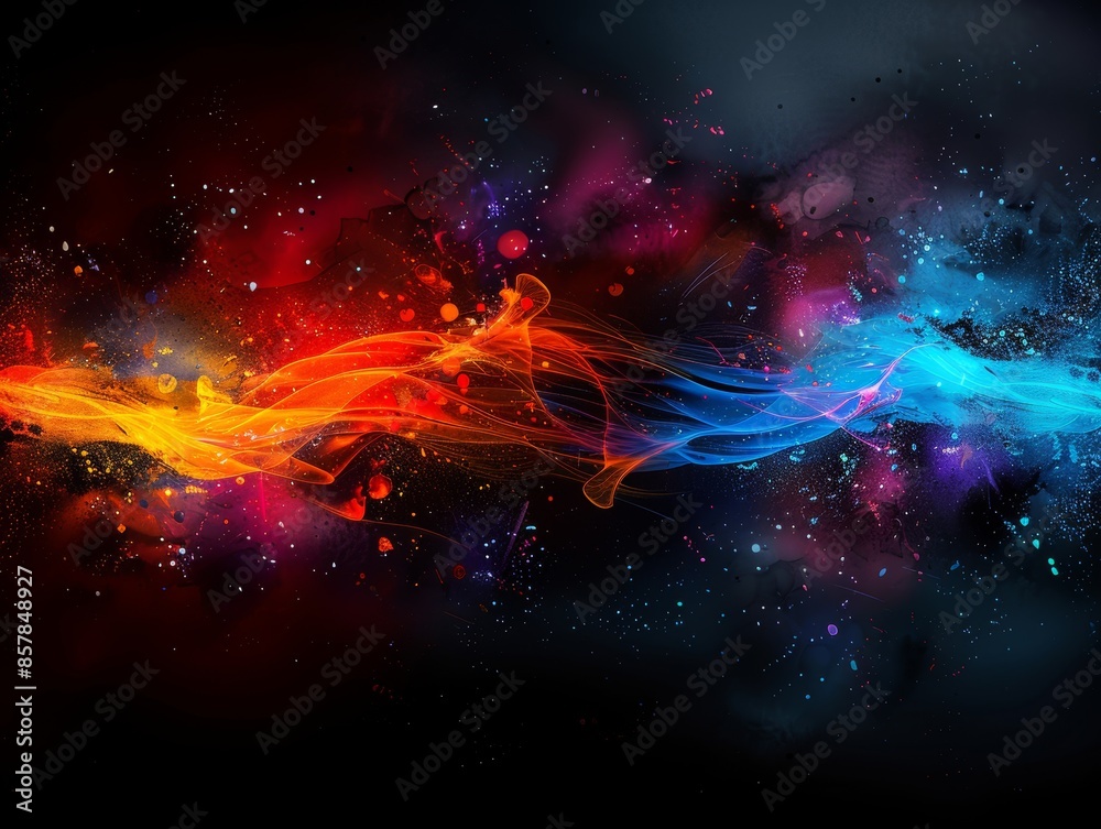 Fototapeta premium Vibrant abstract background featuring a mesmerizing blend of red and blue light streaks and particle explosions against a dark backdrop.
