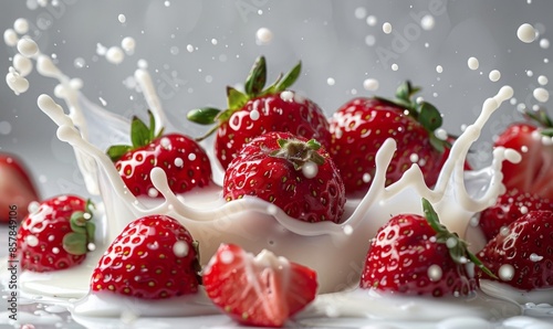 Three Red Strawberries Splashing In White Milk