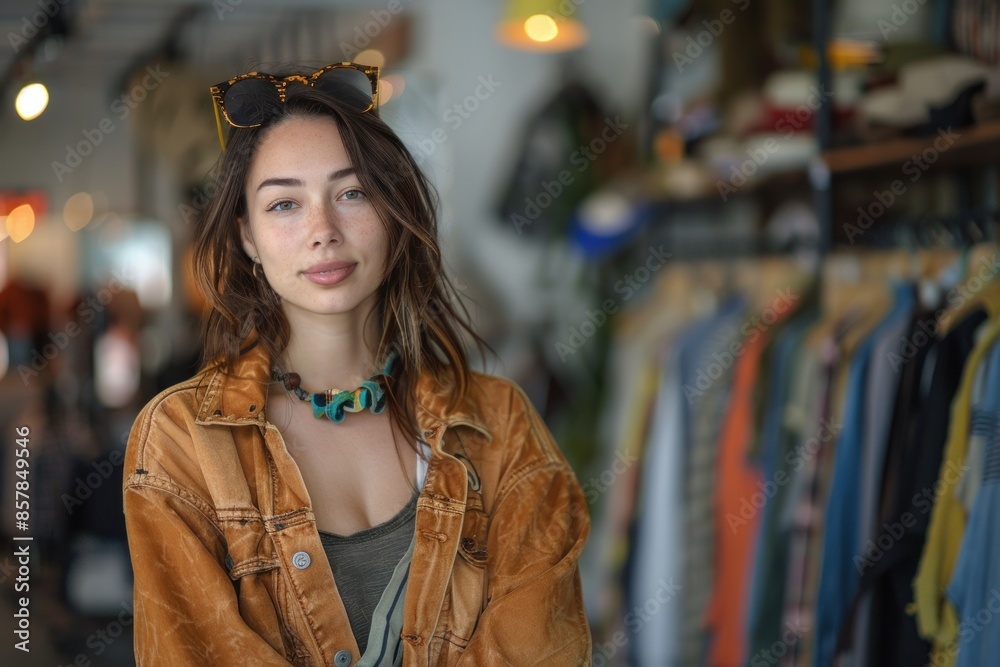 attractive young woman fashion business owner posing at clothing store. ai generative