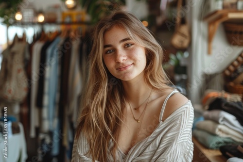 attractive young woman fashion business owner posing at clothing store. ai generative