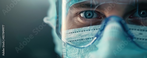 Close-up image of a focused healthcare professional wearing surgical mask and glasses, highlighting the intensity and dedication in the eyes. photo