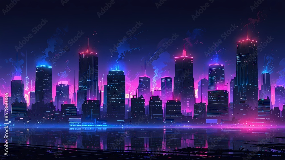 Neon glowing night city view Anime style illustration, anime flat art background Neon glowing night city view Anime style illustration, anime flat art background