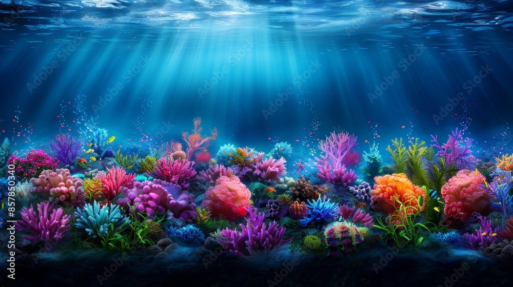 Fototapeta premium Vibrant underwater scene with colorful coral reef and marine life, illuminated by sunlight beams penetrating the ocean's surface.