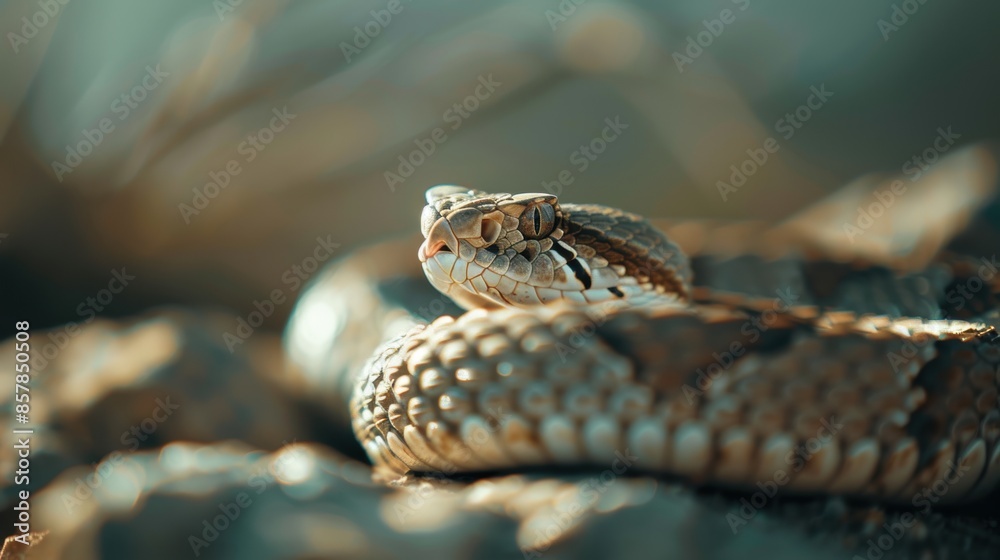 Obraz premium Close-up of a coiled snake resting on rocks in natural habitat, highlighting its intricate scales and piercing eyes.