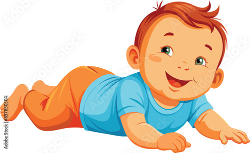 Happy baby boy lying on his belly on white background
