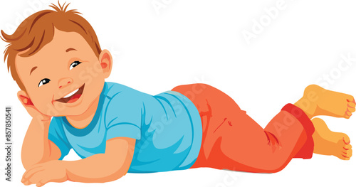 Happy baby boy lying on his belly on white background