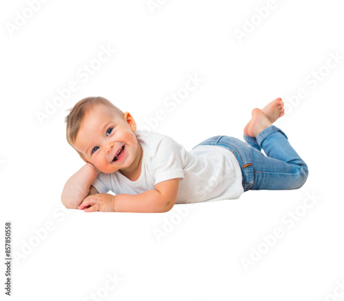 Happy baby boy lying on his belly on white background