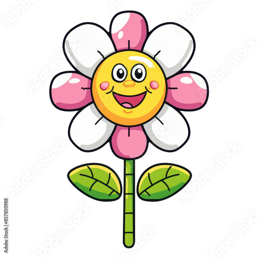 Cheerful cartoon flower illustration with a smiling face, colorful petals, and green leaves, perfect for children's designs. isolated white background, transparent background, PNG