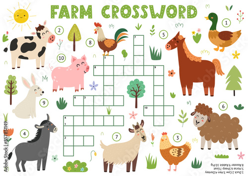 Farm animals crossword for kids with cute characters. Word search puzzle. Educational game with cow, pig, horse, sheep and more. Vector illustration. Vector illustration