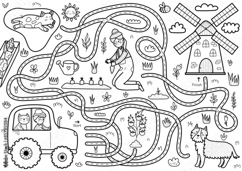 Help the farmer and the cat to drive on the tractor to the windmill. Farm maze activity page in black and white for kids. Mini game for school and preschool in outline. Vector illustration