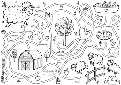 Help the sheep to find a way to the fence. Farm maze activity in black and white for kids. Mini game for school and preschool in outline. Vector illustration