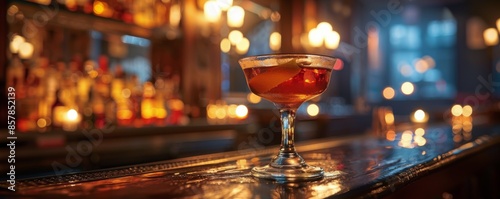 A Single Cocktail on a Bar Counter in a Dimly Lit Bar