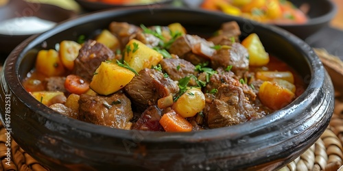 Slow-Cooked Namibian Stew A Rich and Flavorful Dish with Meat and Vegetables. Concept Namibian Cuisine, Slow-Cooked Stews, Traditional African Dishes, Cooking with Meat, Cooking with Vegetables