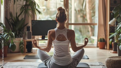 Woman meditating in lotus position at home, doing yoga and fitness techniques for mental health with a computer in the background of a modern living room interior with big windows and green plants. photo