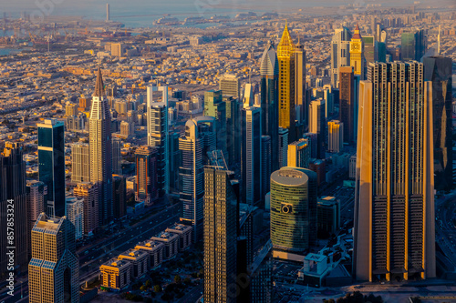 A panoramic view of Dubais skyline, featuring numerous skyscrapers against a warm sunset sky. The image highlights the citys modern architecture and vibrant cityscape. photo