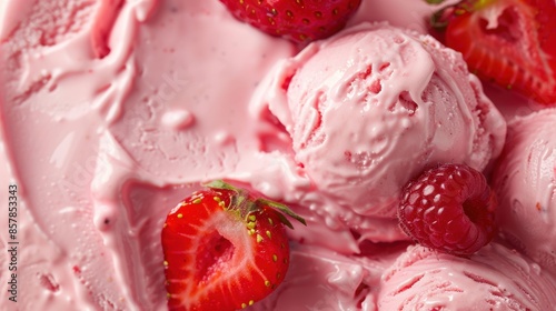 Close-up of creamy pink strawberry ice cream with fresh strawberries on top, showcasing a delicious and refreshing dessert treat.