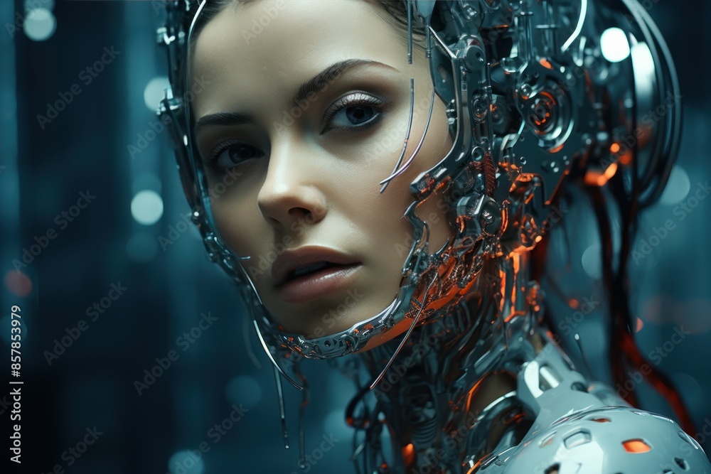 Portrait of a robot woman in human form with mechanisms and complex design. Concept of robots of the future, biomechanics Portrait of a robot woman in human form with mechanisms and complex design. Concept of robots of the future, biomechanics